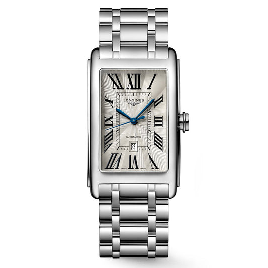The Longines Dolcevita Automatic 28.2 x 47mm Watch features a rectangular silver case paired with a metal link bracelet, a white dial accented by black Roman numerals, elegant blue hands, and a date window at the 6 o’clock position. Showcasing the signature design of the Longines DolceVita collection, this refined timepiece displays the Longines logo just below the 12 o’clock mark.