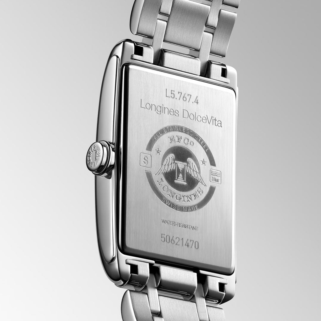 Close-up of the back of a Longines Dolcevita Automatic 28.2 x 47mm Watch, highlighting its stainless steel rectangular case, engraved Longines logo, model number L5.767.4, and serial number 50621470.