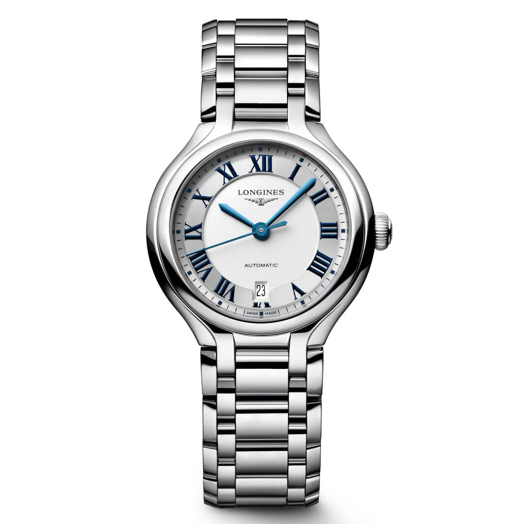 The Longines Primaluna Automatic 30mm Watch features a silver metal link band, white dial, blue Roman numerals and hands, plus a date window at 6 o'clock—a luxurious women's timepiece from Longines.