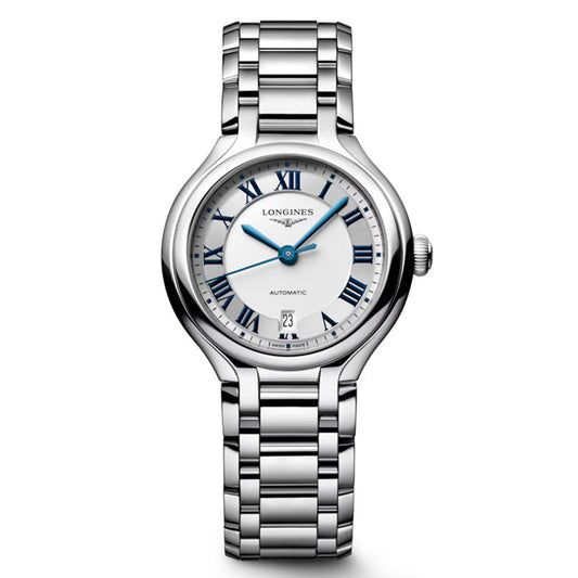 The Longines Primaluna Automatic 30mm Watch features a silver metal link band, white dial, blue Roman numerals and hands, plus a date window at 6 o'clock—a luxurious women's timepiece from Longines.