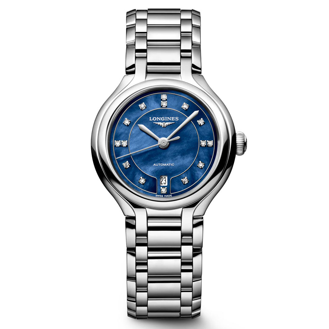 The Longines Primaluna Automatic 30mm Watch by Longines features a silver stainless steel bracelet, a striking blue dial with diamond hour markers, and is elegantly showcased on a white background—an exquisite women's timepiece that exudes timeless sophistication.