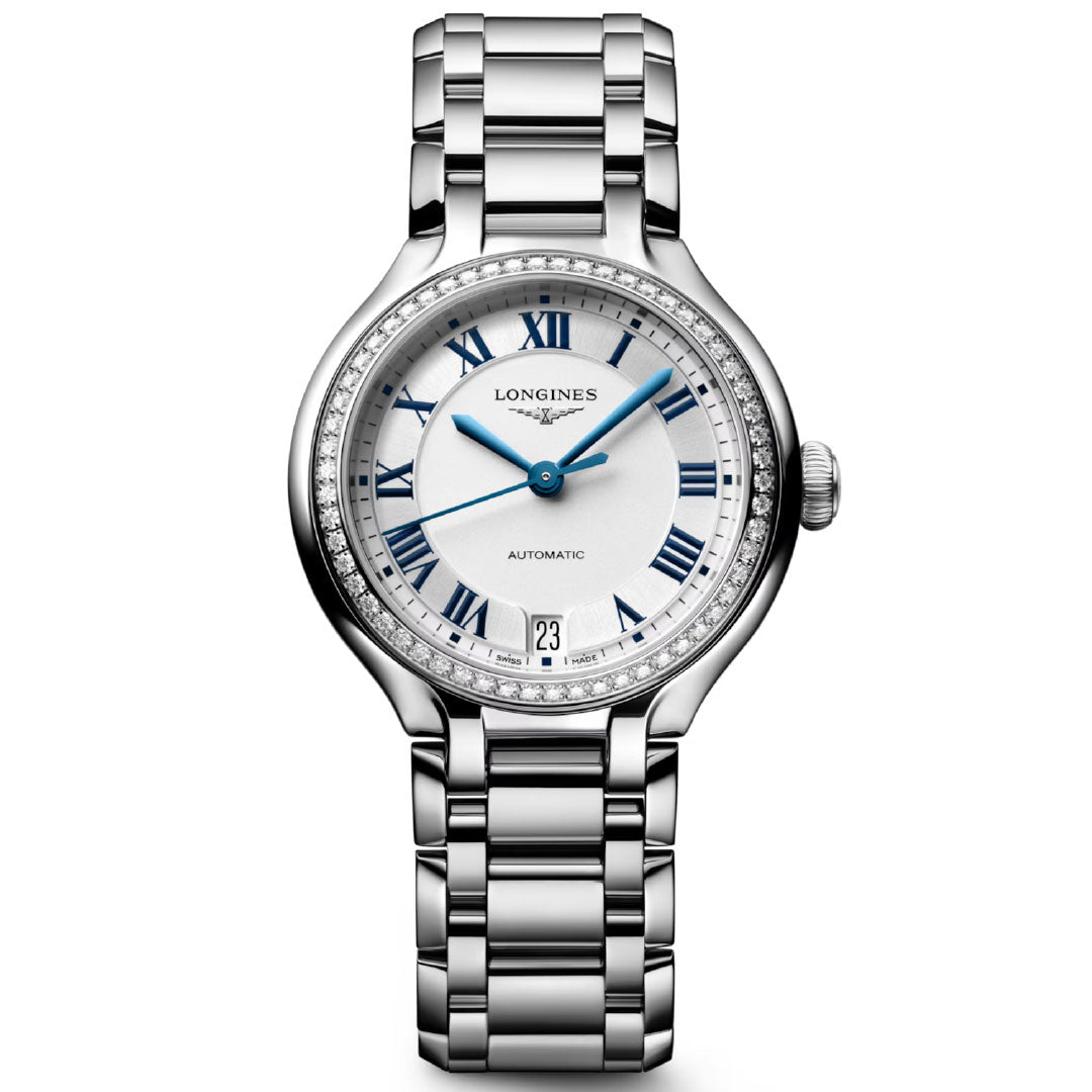The Longines Primaluna Automatic 34mm Watch boasts a round white dial with blue Roman numerals and hands, date at 6 o’clock, diamond-set bezel, and stainless steel bracelet—an elegant women's timepiece by Longines.