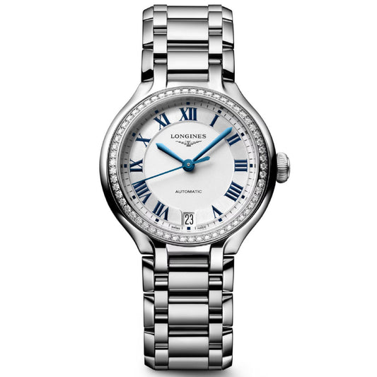 The Longines Primaluna Automatic 34mm Watch boasts a round white dial with blue Roman numerals and hands, date at 6 o’clock, diamond-set bezel, and stainless steel bracelet—an elegant women's timepiece by Longines.