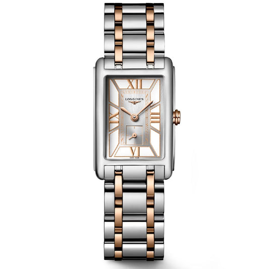 Indulge in the elegance of the Longines Dolcevita Quartz 20.8 x 32mm Watch, highlighting a rectangular silver face accented with rose gold Roman numerals and hands. Meticulously crafted by Longines, it boasts a two-tone stainless steel bracelet and quartz movement, radiating timeless sophistication with every look.