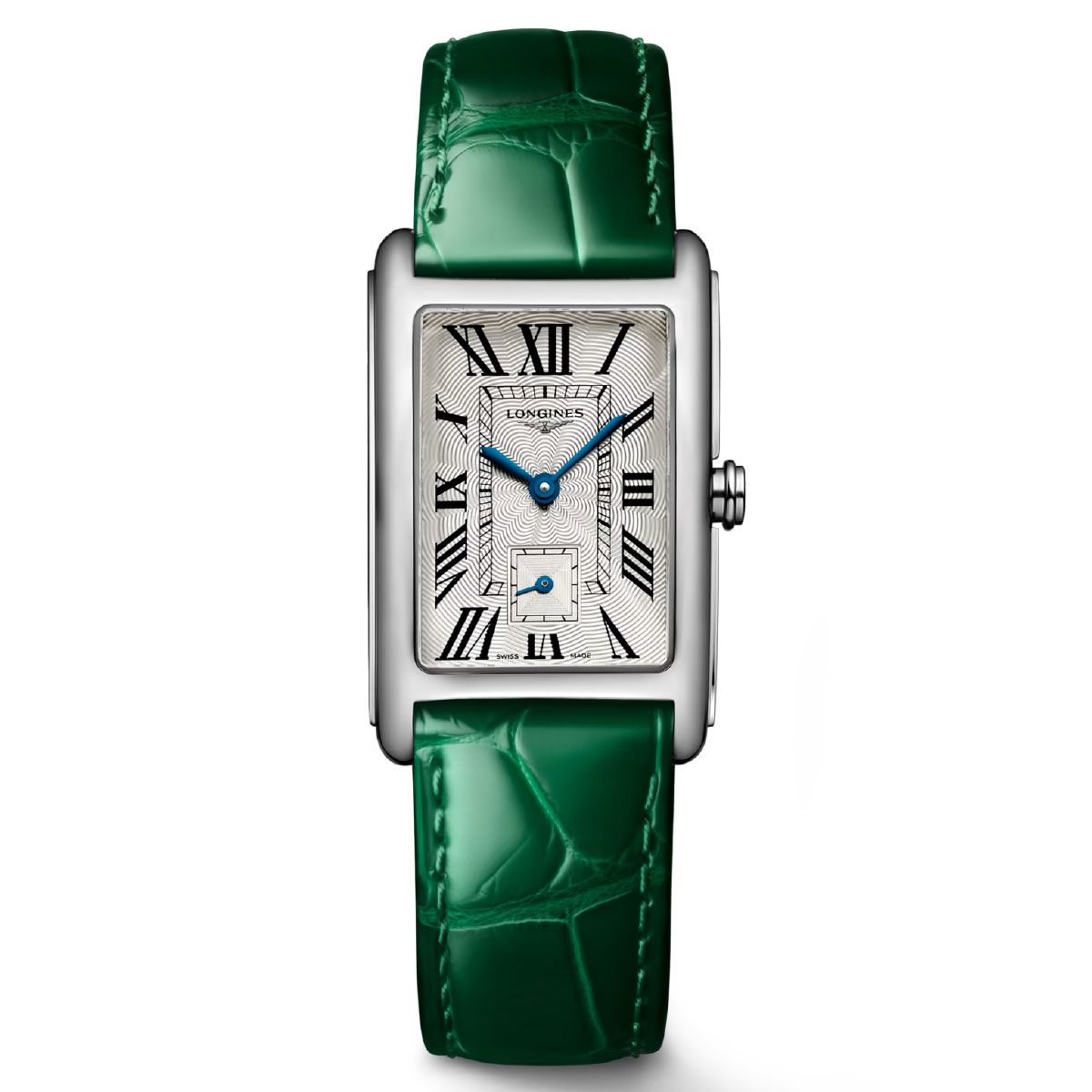 The Longines Dolcevita Quartz 23.3 x 37mm Watch showcases modern sophistication with its rectangular design. It features a green leather strap and a silver dial adorned with Roman numerals and blue hands. This watch, powered by a quartz movement, includes a small seconds subdial at the 6 o'clock position, all encased in polished silver by Longines.