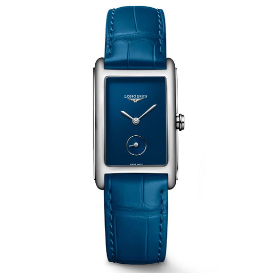 Discover contemporary elegance with the Longines Dolcevita Quartz 23.3 x 37mm Watch. This timepiece features a rectangular, silver-framed design and showcases a blue dial paired with a matching leather strap. The minimalistic silver hour and minute hands add to its sophisticated allure, complemented by the iconic "Longines" branding on the face.