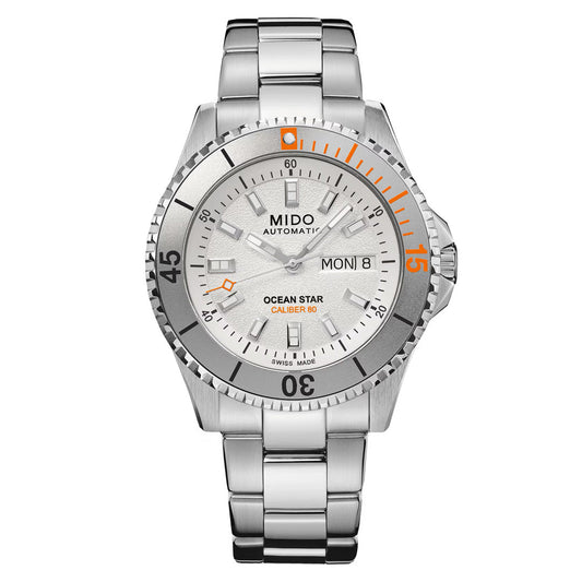 The MIDO Ocean Star 200 Automatic 41mm Watch features a silver metal band, grey bezel, and bold orange accents at the 15-minute mark. Water-resistant, it offers day/date windows and “Caliber 80” in orange for standout style and performance.
