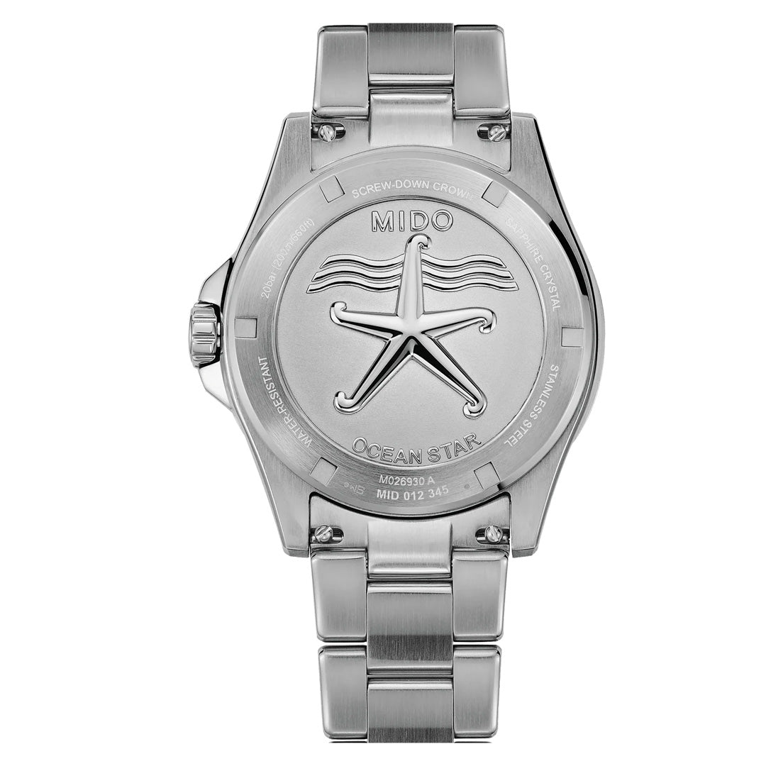 The back of the MIDO Ocean Star 200 Automatic 41mm Watch features a stainless steel case with an engraved starfish and water-resistant details, along with the MIDO brand name and model information inscribed around the edge.