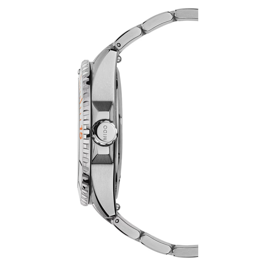 Side view of the MIDO Ocean Star 200 Automatic 41mm Watch, a silver timepiece with metal bracelet, featuring a water-resistant crown engraved "MIDO," ridged bezel, and partial dial with orange markers.