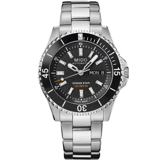 The MIDO Ocean Star 200 Automatic 41mm Watch features a stainless steel case, black dial with silver indices, day-date display, orange-tipped second hand, and a black bezel with white markings. Water resistant to 200m.