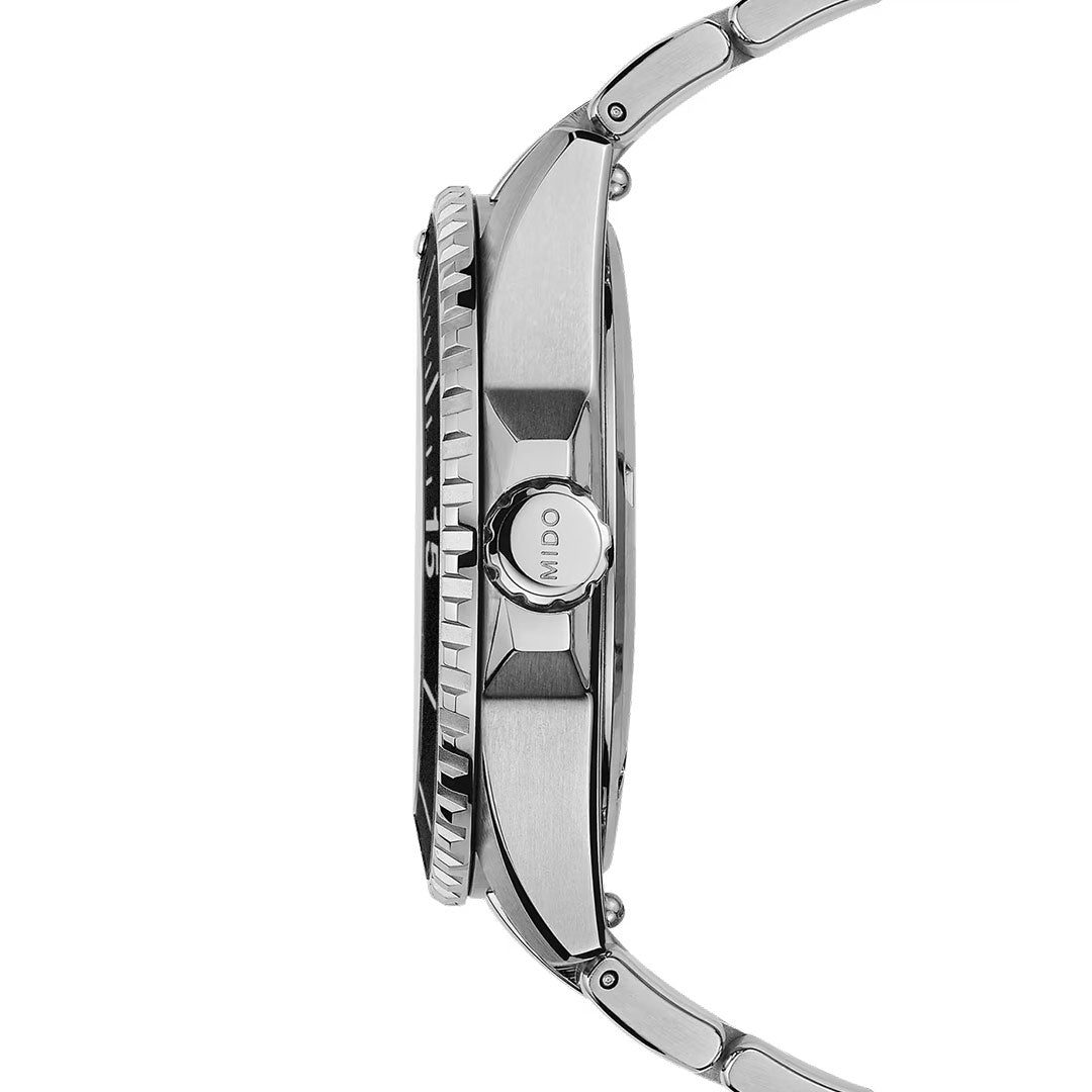 Side view of the MIDO Ocean Star 200 Automatic 41mm Watch in silver metal, with a textured bezel, "MIDO" engraved crown, and linked metal band. The watch face is hidden, showcasing the refined design by MIDO.