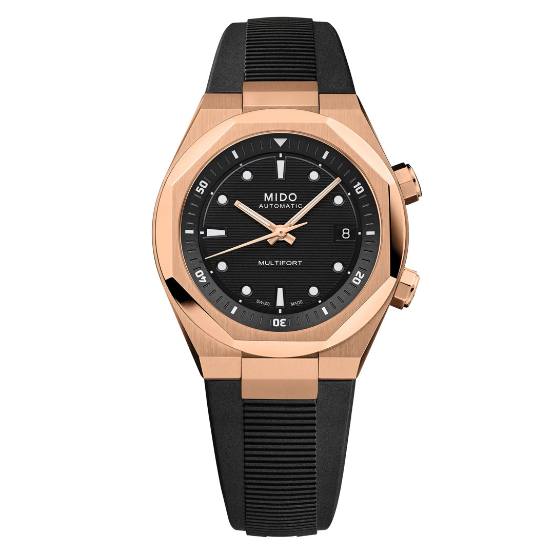 The MIDO Multifort 8 Two Crowns Automatic 40mm Watch features a refined rose gold and black design with a black dial, complemented by white hour markers and hands. Equipped with dual side crowns and a sleek black rubber strap, this sophisticated MIDO timepiece is powered by the Calibre 72 movement with Nivachron technology, representing both precision engineering and advanced TECHNOMETRY.