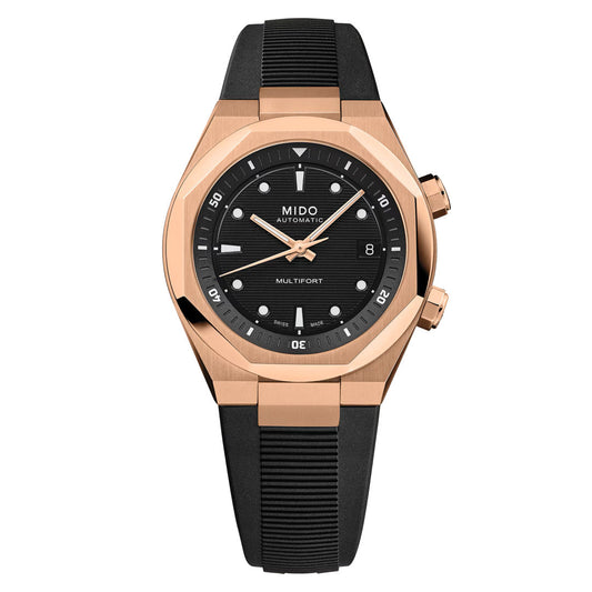 The MIDO Multifort 8 Two Crowns Automatic 40mm Watch features a refined rose gold and black design with a black dial, complemented by white hour markers and hands. Equipped with dual side crowns and a sleek black rubber strap, this sophisticated MIDO timepiece is powered by the Calibre 72 movement with Nivachron technology, representing both precision engineering and advanced TECHNOMETRY.