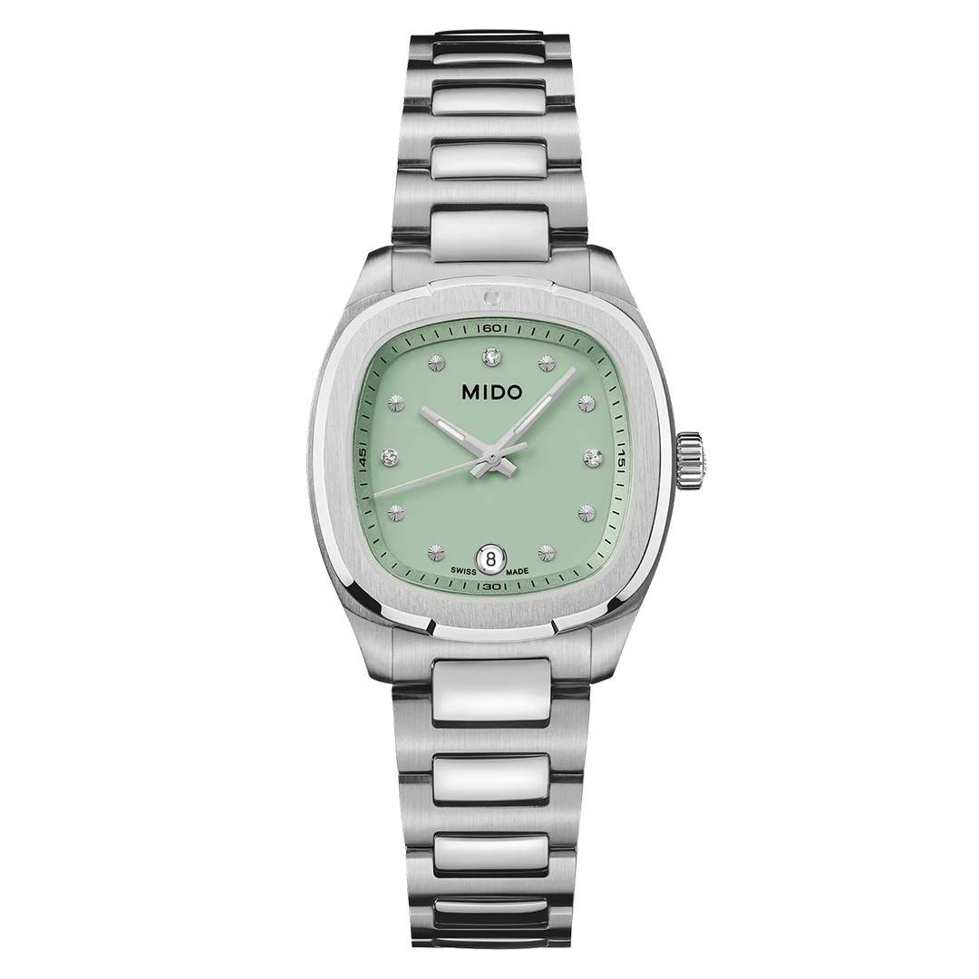 Introducing the MIDO Multifort TV Quartz 28mm Watch—a stylish timepiece from MIDO, showcasing a green square dial adorned with diamond hour markers, sleek silver hands, and a date display at 6 o’clock. It is set on a stainless steel link bracelet and operates with reliable quartz movement.