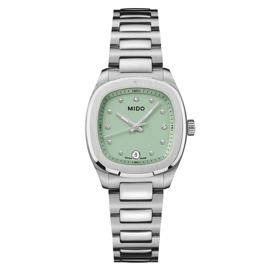 Introducing the MIDO Multifort TV Quartz 28mm Watch—a stylish timepiece from MIDO, showcasing a green square dial adorned with diamond hour markers, sleek silver hands, and a date display at 6 o’clock. It is set on a stainless steel link bracelet and operates with reliable quartz movement.