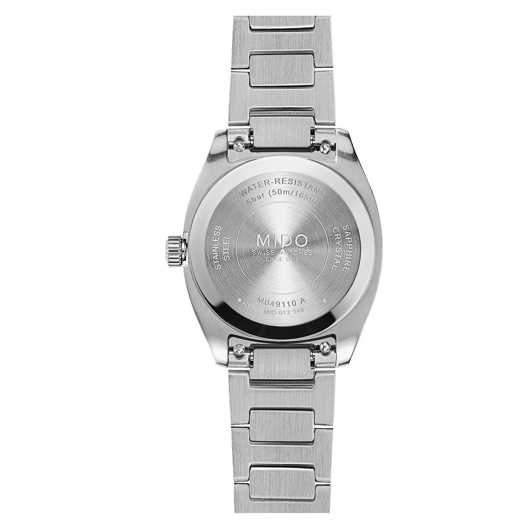 Back view of the MIDO Multifort TV Quartz 28mm Watch, featuring an engraved case back with details on water resistance, stainless steel construction, model number, and a metal link bracelet.