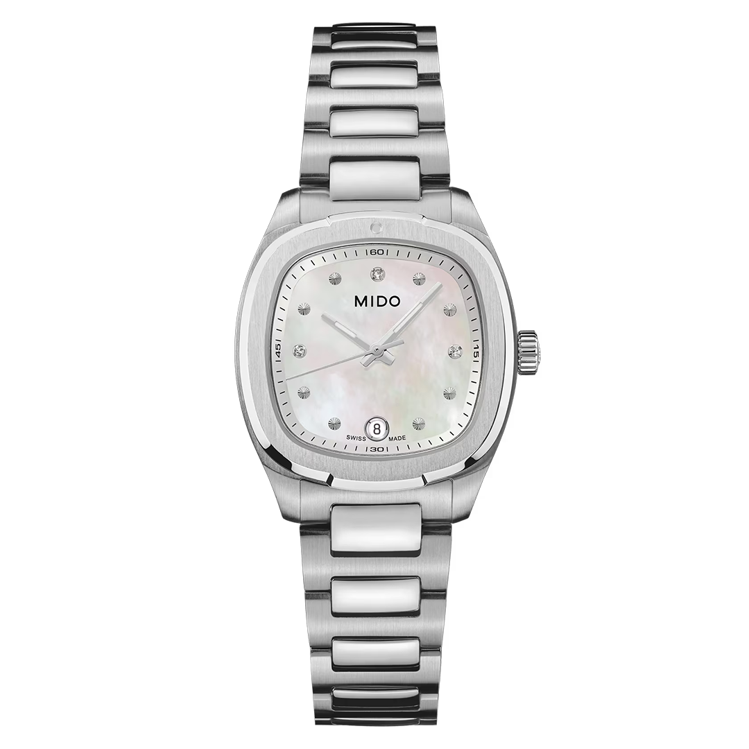 Introducing the MIDO Multifort TV Quartz 28mm Watch—a stainless steel timepiece from MIDO, featuring a lustrous white mother-of-pearl dial, silver hour markers, a date display at 6 o’clock, and an elegant metal link bracelet. This sophisticated wristwatch effortlessly blends refined style with reliable quartz performance.