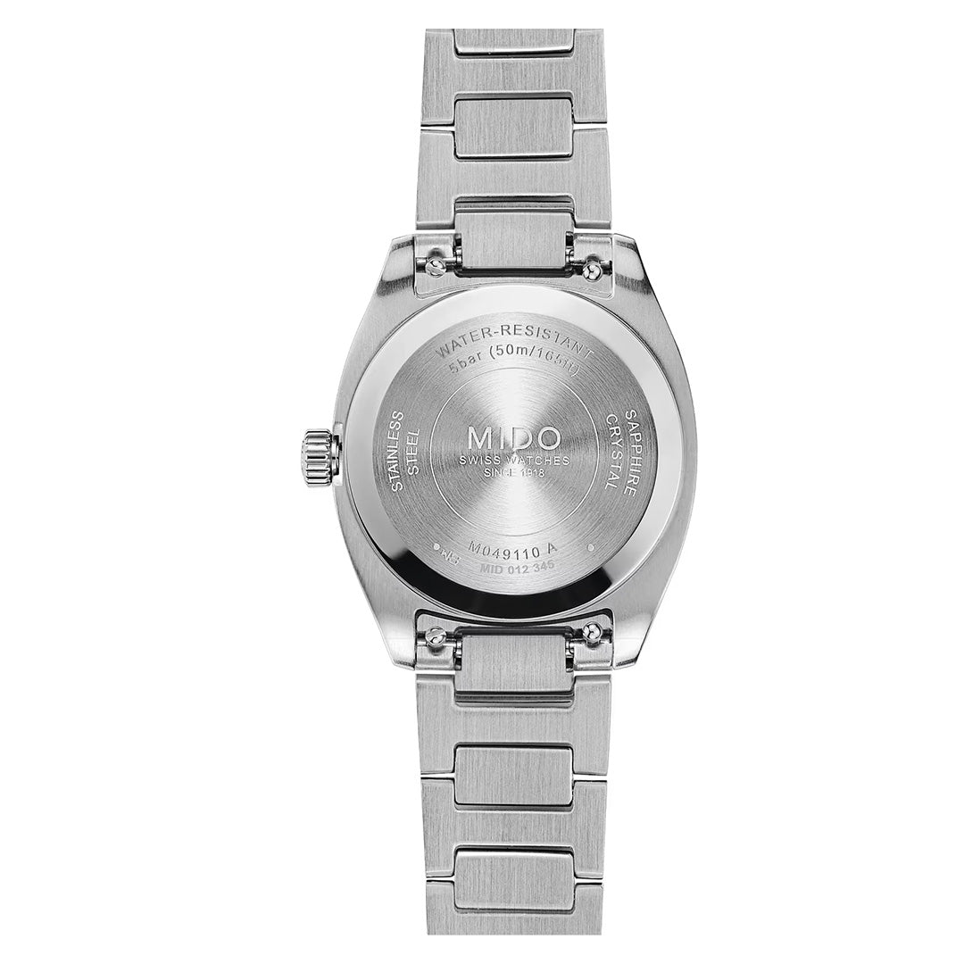 Back view of the MIDO Multifort TV Quartz 28mm Watch, showcasing engravings on the stainless steel case and bracelet—including water resistance (50m/165ft), Swiss Made, serial numbers, and the MIDO brand name—demonstrating the refined craftsmanship of this elegant quartz timepiece.