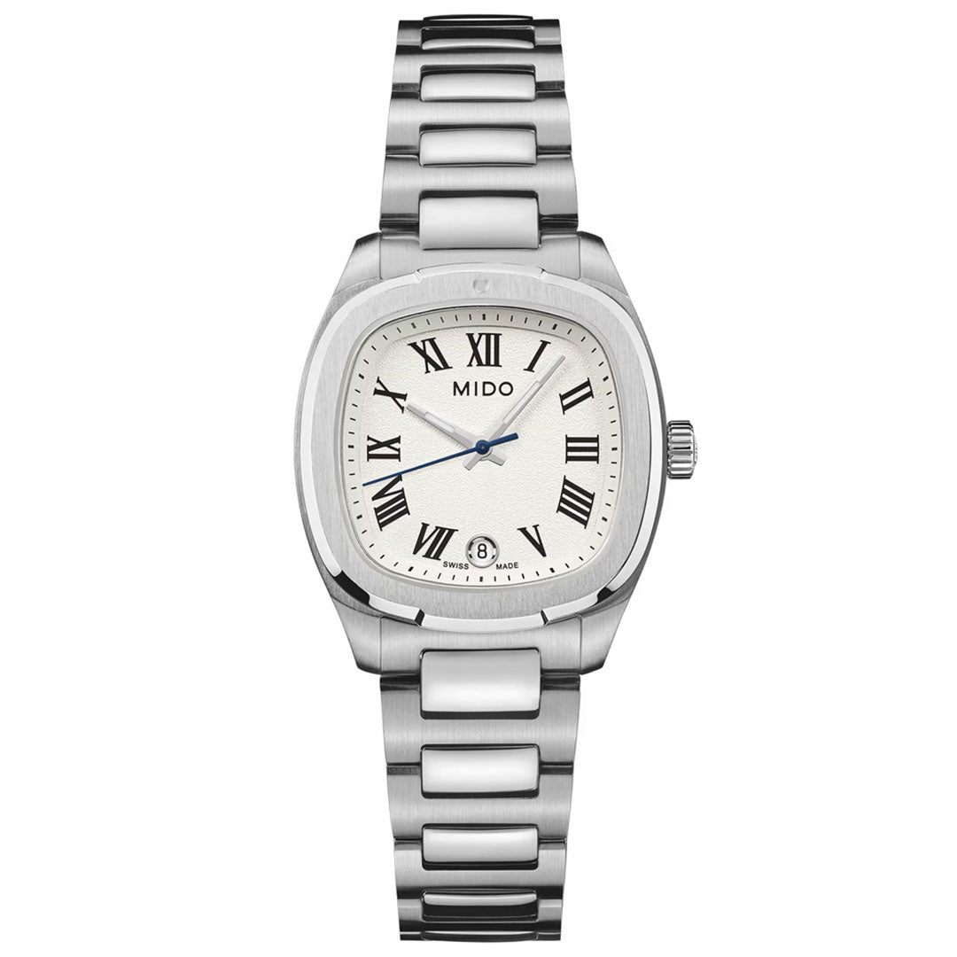 A silver MIDO Multifort TV Quartz 28mm watch featuring a metal band, white dial, black Roman numeral hour markers, and a date window at the 6 o’clock position.