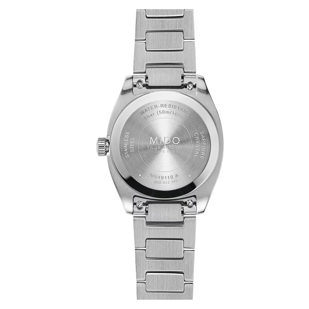 The back view of the MIDO Multifort TV Quartz 28mm Watch in stainless steel showcases its engraved case back details, including water resistance, model number, and MIDO branding. Attached is a sleek metal link bracelet. This distinctive TV-shaped watch blends modern aesthetics with classic durability.