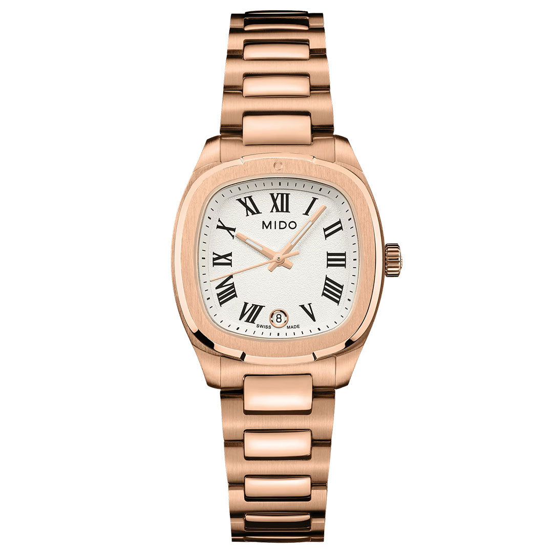 Introducing the MIDO Multifort TV Quartz 28mm Watch, a rose gold timepiece by MIDO featuring a white dial with black Roman numerals and a date window at 6 o’clock. This elegant watch boasts a metal link bracelet, three hands for hours, minutes, and seconds, and is driven by precise quartz movement.