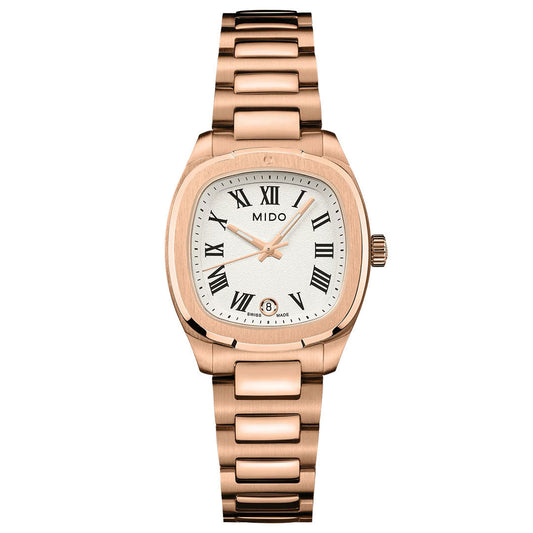 Introducing the MIDO Multifort TV Quartz 28mm Watch, a rose gold timepiece by MIDO featuring a white dial with black Roman numerals and a date window at 6 o’clock. This elegant watch boasts a metal link bracelet, three hands for hours, minutes, and seconds, and is driven by precise quartz movement.