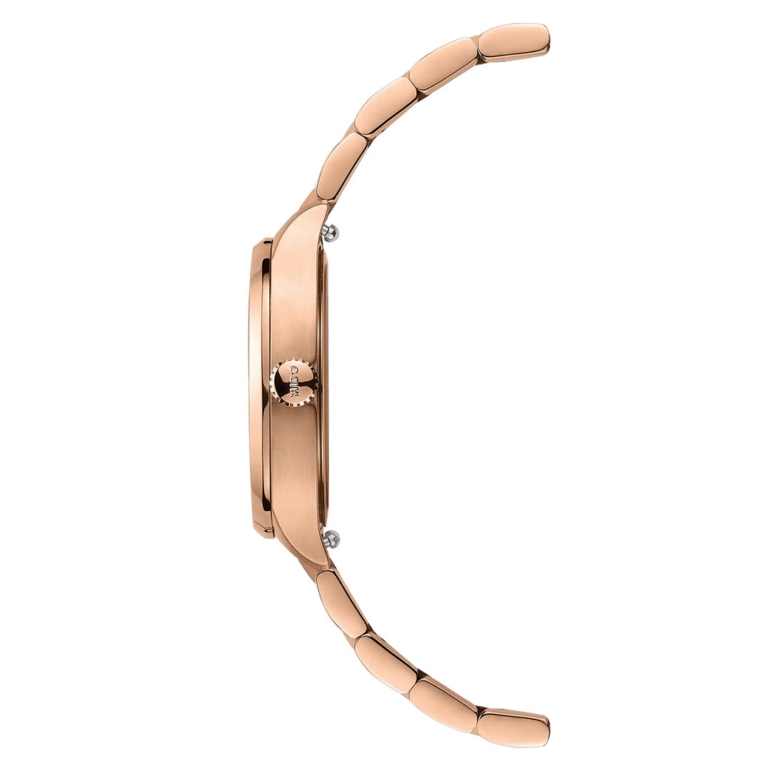 Side view of the MIDO Multifort TV Quartz 28mm Watch in rose gold, featuring a slim case, linked metal bracelet, visible crown, and the curved, elegant design characteristic of the MIDO Multifort TV collection.