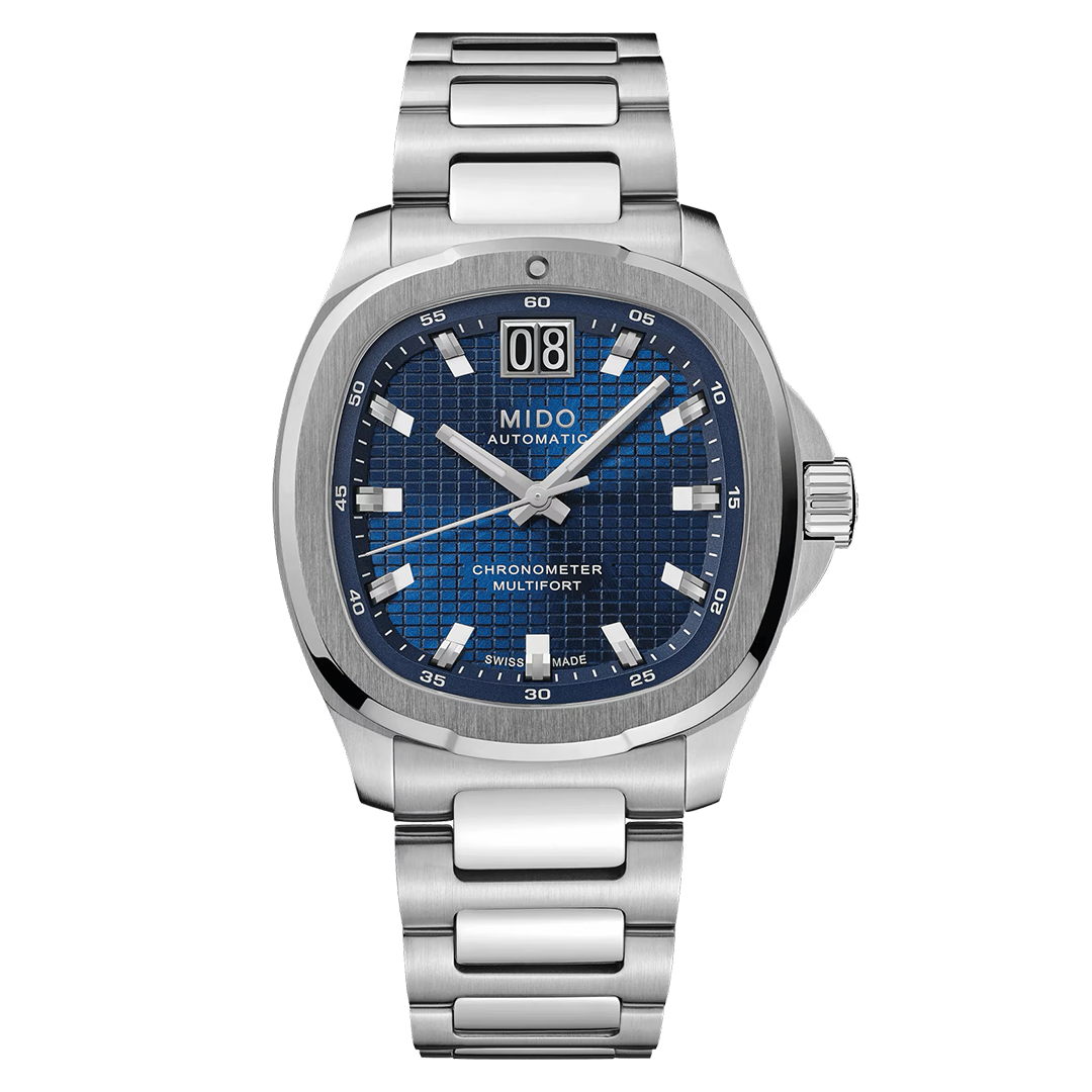 MIDO Multifort TV Big Date Chronometer Automatic 40mm Watch in stainless steel with a square-cased, blue textured dial featuring a large date display at the twelve o’clock position and a link bracelet.