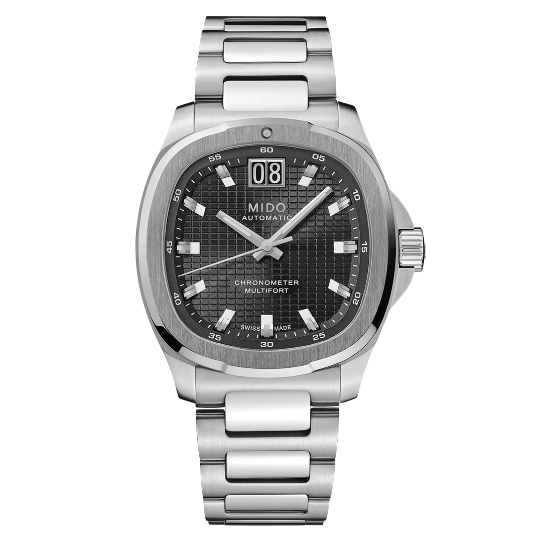 MIDO Multifort TV Big Date Chronometer Automatic 40mm Watch in silver-tone with a square-cased dark grey textured dial, a large double-digit date window at 12 o’clock, and a stainless steel link bracelet.