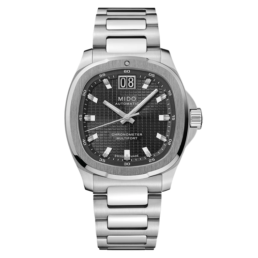 MIDO Multifort TV Big Date Chronometer Automatic 40mm Watch in silver-tone with a square-cased dark grey textured dial, a large double-digit date window at 12 o’clock, and a stainless steel link bracelet.