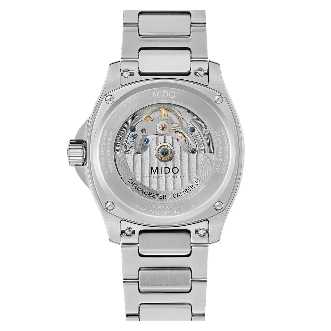 The exhibition case back of the MIDO Multifort TV Big Date Chronometer Automatic 40mm Watch reveals the automatic Caliber 80 movement, paired with a stainless steel metal link bracelet.