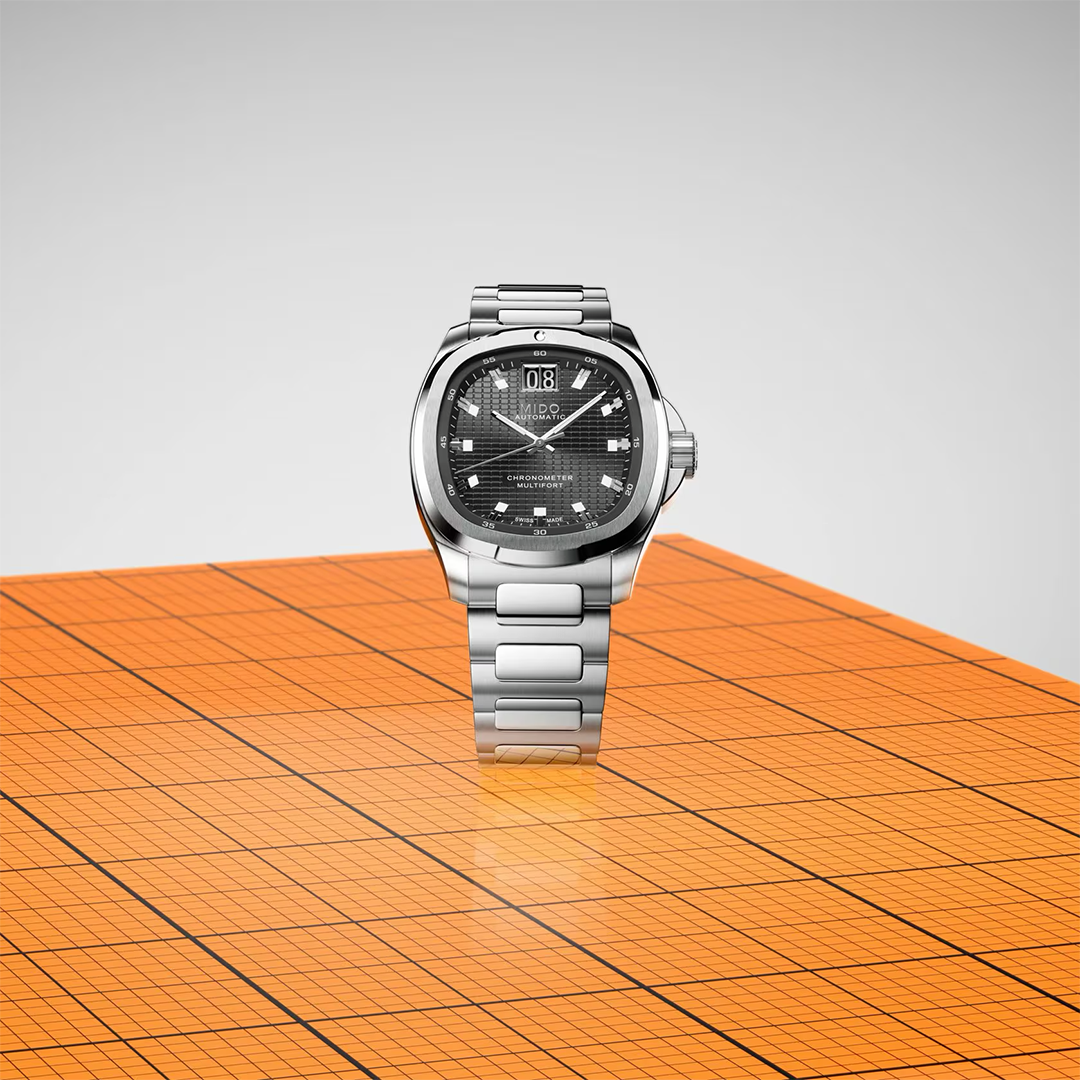 MIDO Multifort TV Big Date Chronometer Automatic 40mm Watch with a stainless steel square-shaped case, black dial, and a large date display at the twelve o’clock position.