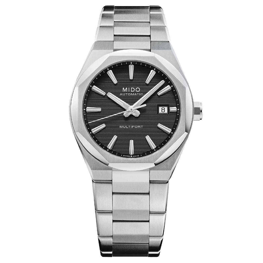 The MIDO Multifort 8 One Crown Automatic 40mm Watch features a silver stainless steel case, black textured dial with silver hour markers, date at 3 o'clock, "MIDO AUTOMATIC MULTIFORT" text, and reliable Caliber 80 movement.