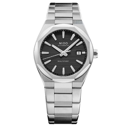 The MIDO Multifort 8 One Crown Automatic 40mm Watch features a silver stainless steel case, black textured dial with silver hour markers, date at 3 o'clock, "MIDO AUTOMATIC MULTIFORT" text, and reliable Caliber 80 movement.