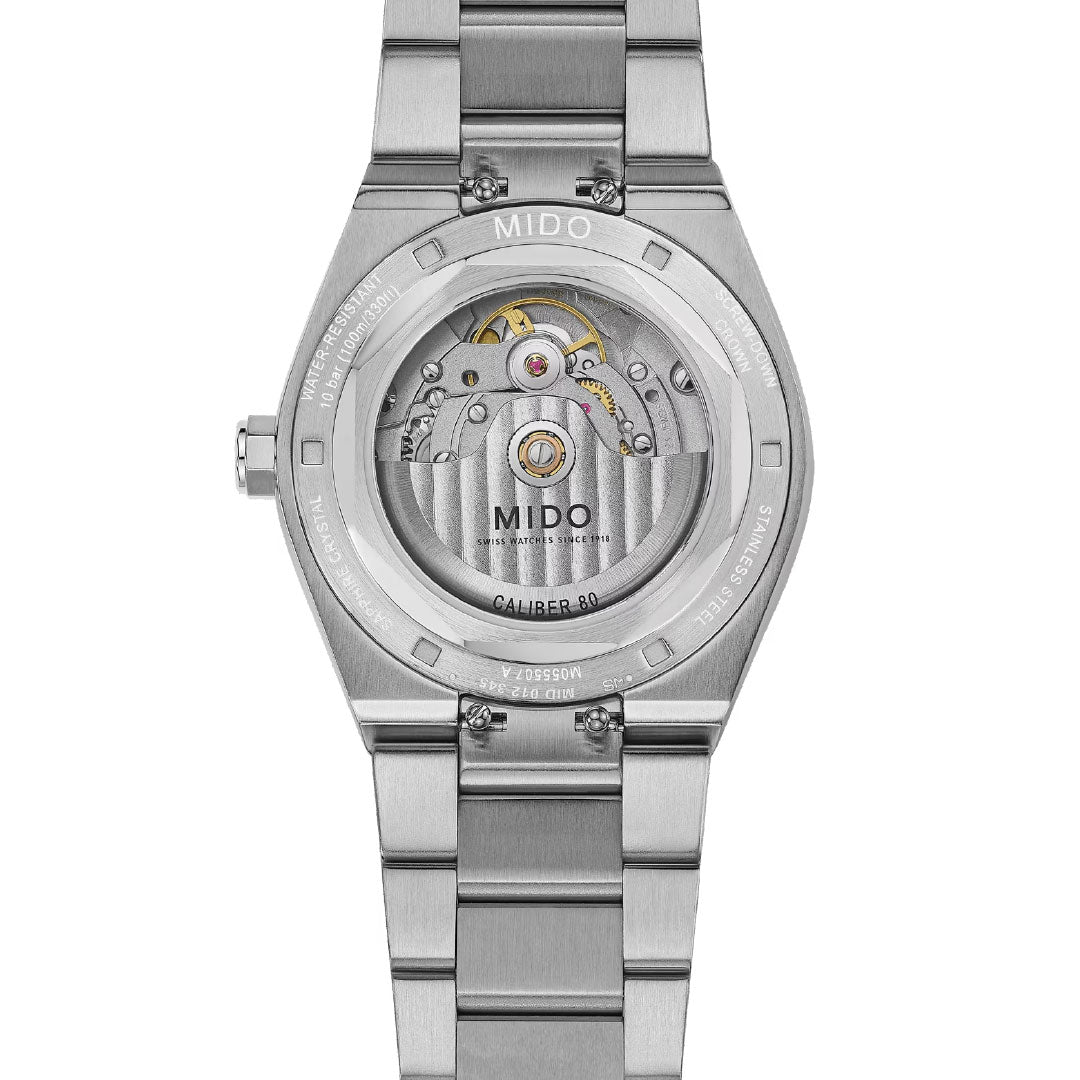 The back view of the MIDO Multifort 8 One Crown Automatic 40mm Watch reveals its silver case, transparent case back, mechanical movement with "MIDO" and "Caliber 80" on the rotor, plus the signature metal bracelet and visible screws.