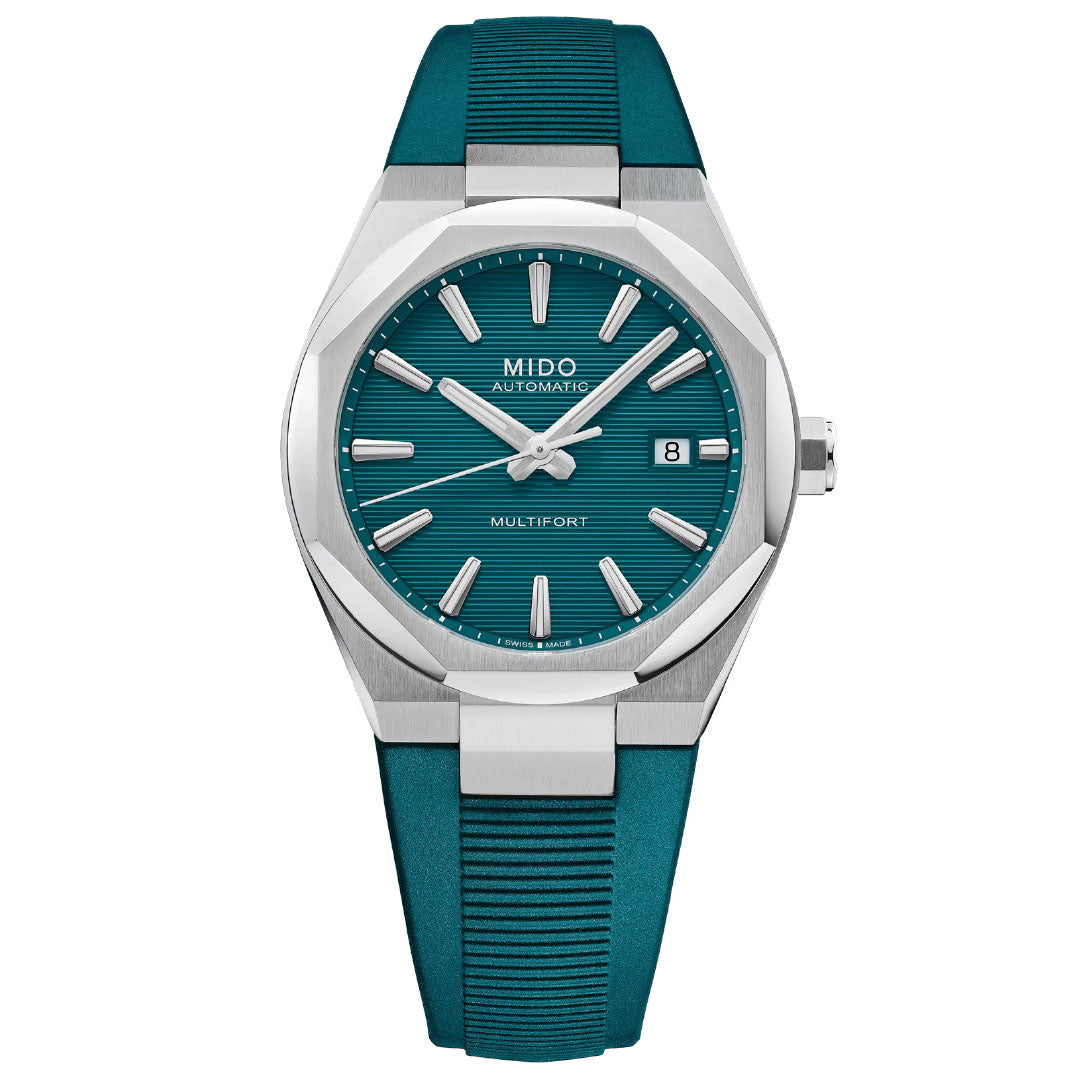 The MIDO Multifort 8 One Crown Automatic 40mm Watch features a teal textured strap, silver markers and hands, a date window at 3 o'clock, and is set in a polished stainless steel case with sapphire crystal and Swiss automatic movement.