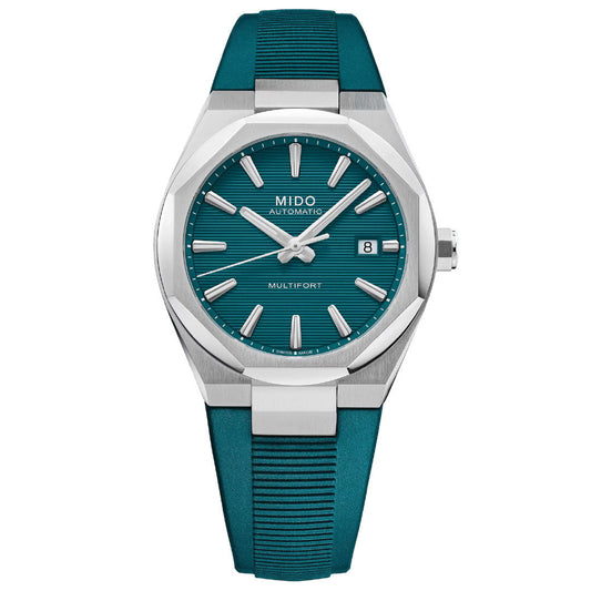 The MIDO Multifort 8 One Crown Automatic 40mm Watch features a teal textured strap, silver markers and hands, a date window at 3 o'clock, and is set in a polished stainless steel case with sapphire crystal and Swiss automatic movement.