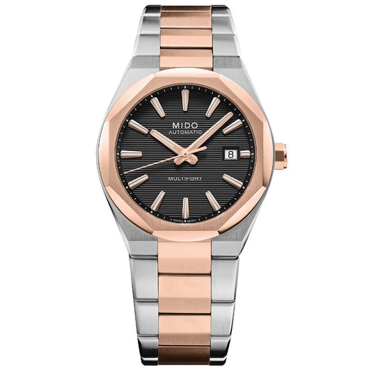 The MIDO Multifort 8 One Crown Automatic 40mm Watch features a two-tone rose gold and silver band, black textured dial, sapphire crystal, date at 3 o’clock, and “MIDO” with “Automatic” visible on the dial.