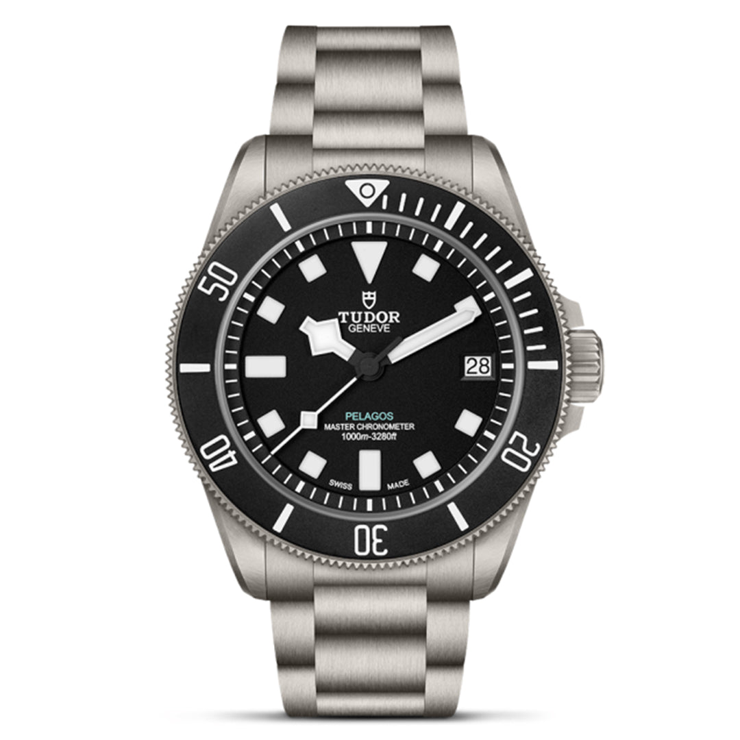 The TUDOR Pelagos Ultra wristwatch features a titanium case, black dial with white markers and hands, a rotating numbered bezel, date display at 3 o'clock, and excellent water resistance.