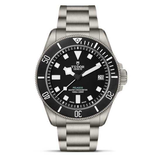 The TUDOR Pelagos Ultra wristwatch features a titanium case, black dial with white markers and hands, a rotating numbered bezel, date display at 3 o'clock, and excellent water resistance.