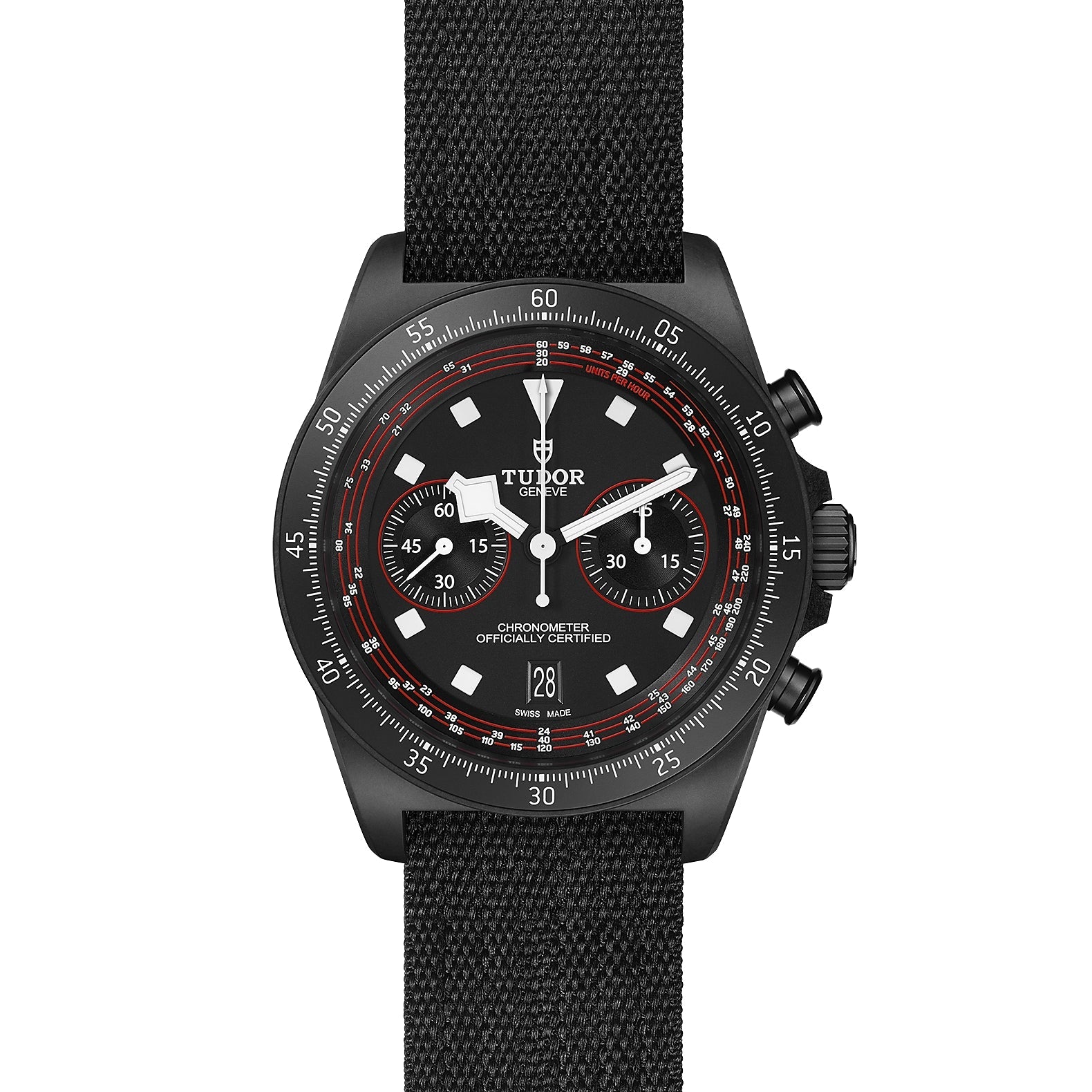 The TUDOR Pelagos FXD Chrono is a black cycling-themed chronograph watch featuring a fabric strap and carbon composite case. It boasts a black dial with white hour markers, two sub-dials, and striking red accents. The bezel is detailed with a tachymetric scale, and there is a date display positioned at 6 o'clock.