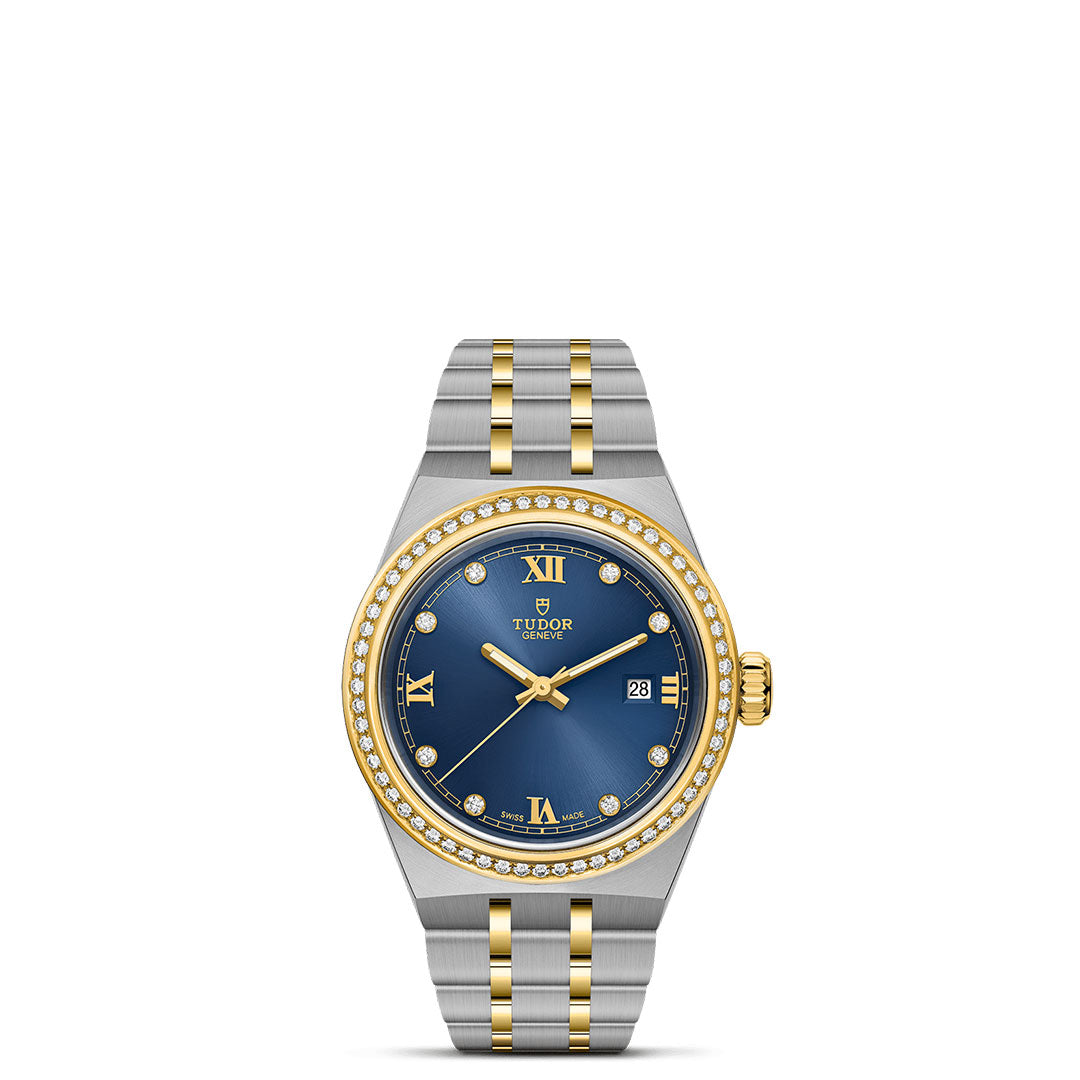 The TUDOR Royal by TUDOR features a blue diamond-set dial, gold accents, date window at 3 o’clock, silver and gold bracelet, and a diamond bezel for a refined sport-chic look with automatic movement and elegant style.