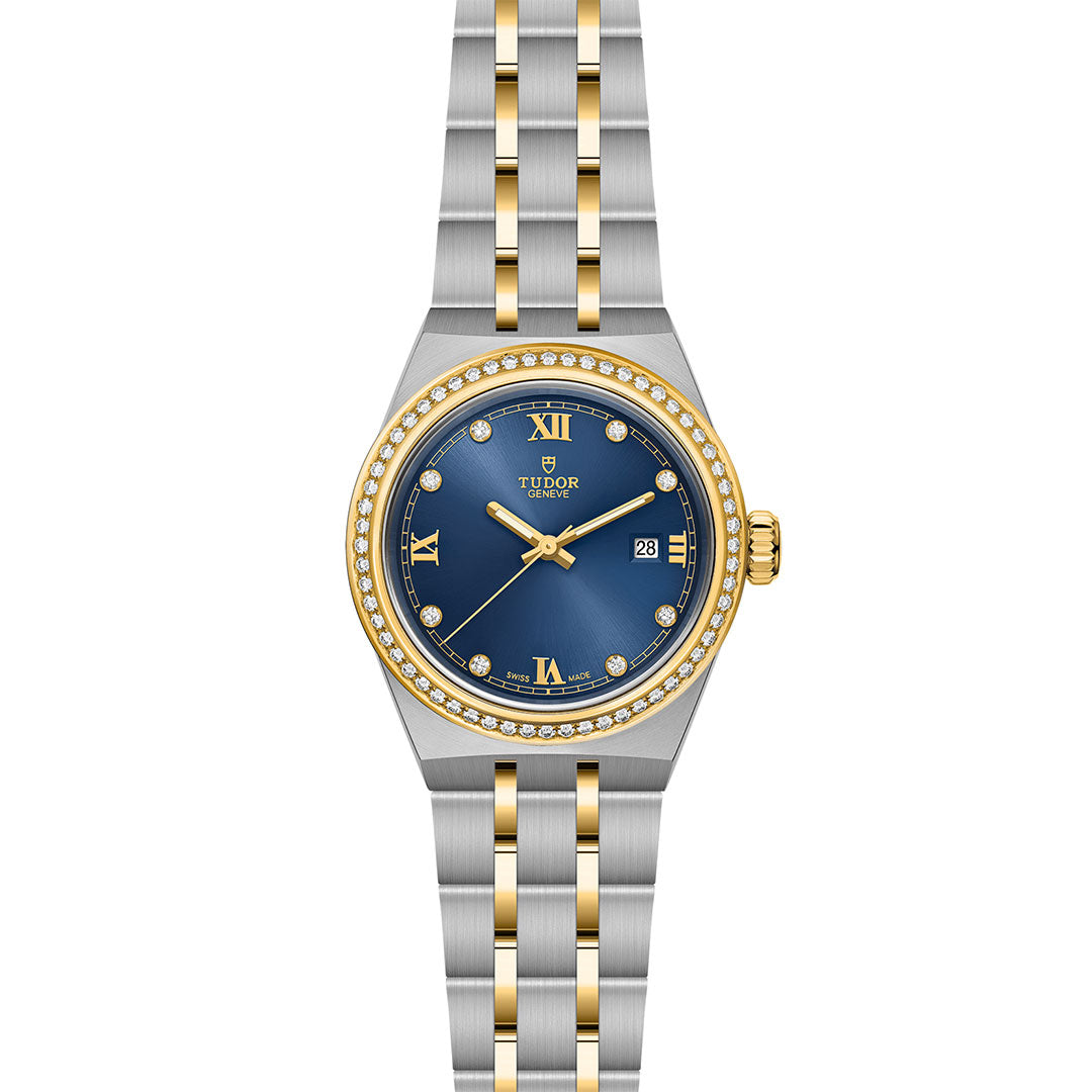 The TUDOR Royal by TUDOR features a diamond-set blue dial, gold and silver bracelet, diamond-adorned gold bezel, and date at 3 o’clock—a standout automatic sport-chic wristwatch for discerning enthusiasts.