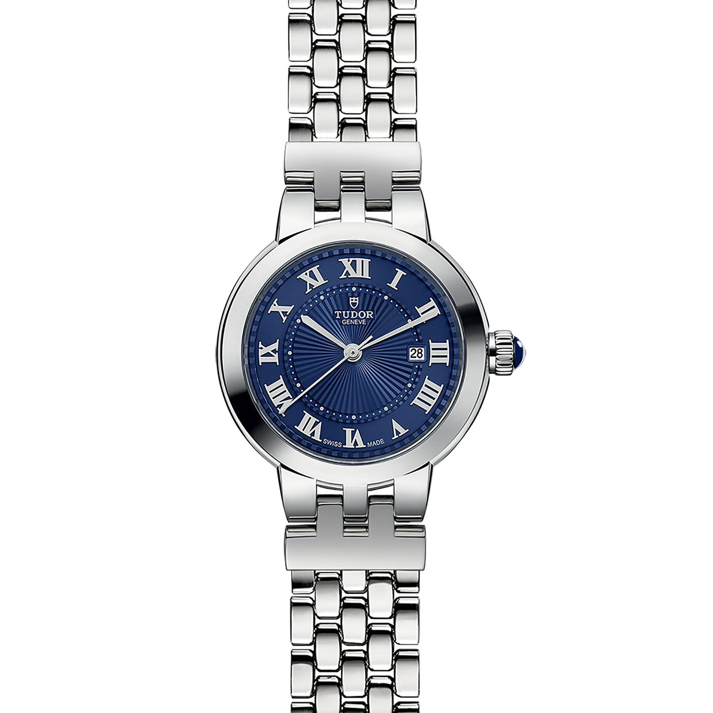 A TUDOR Clair de Rose wristwatch in silver, showcasing a blue dial adorned with Roman numerals and a small date window located at the 3 o'clock position. The polished steel bracelet enhances the watch's elegant design.