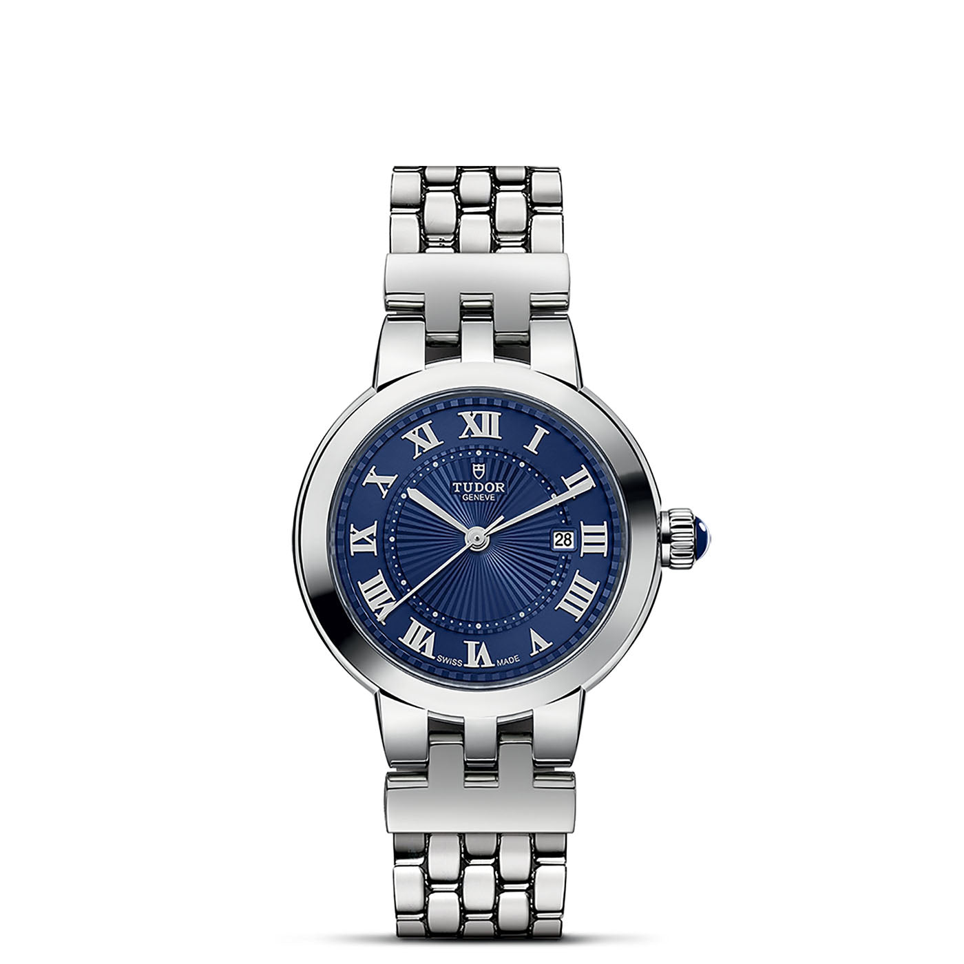 The TUDOR Clair de Rose wristwatch from TUDOR showcases a sophisticated silver steel bracelet and an opaline dial embellished with blue Roman numerals. It also features a date display at 3 o'clock, blending elegance with functionality.