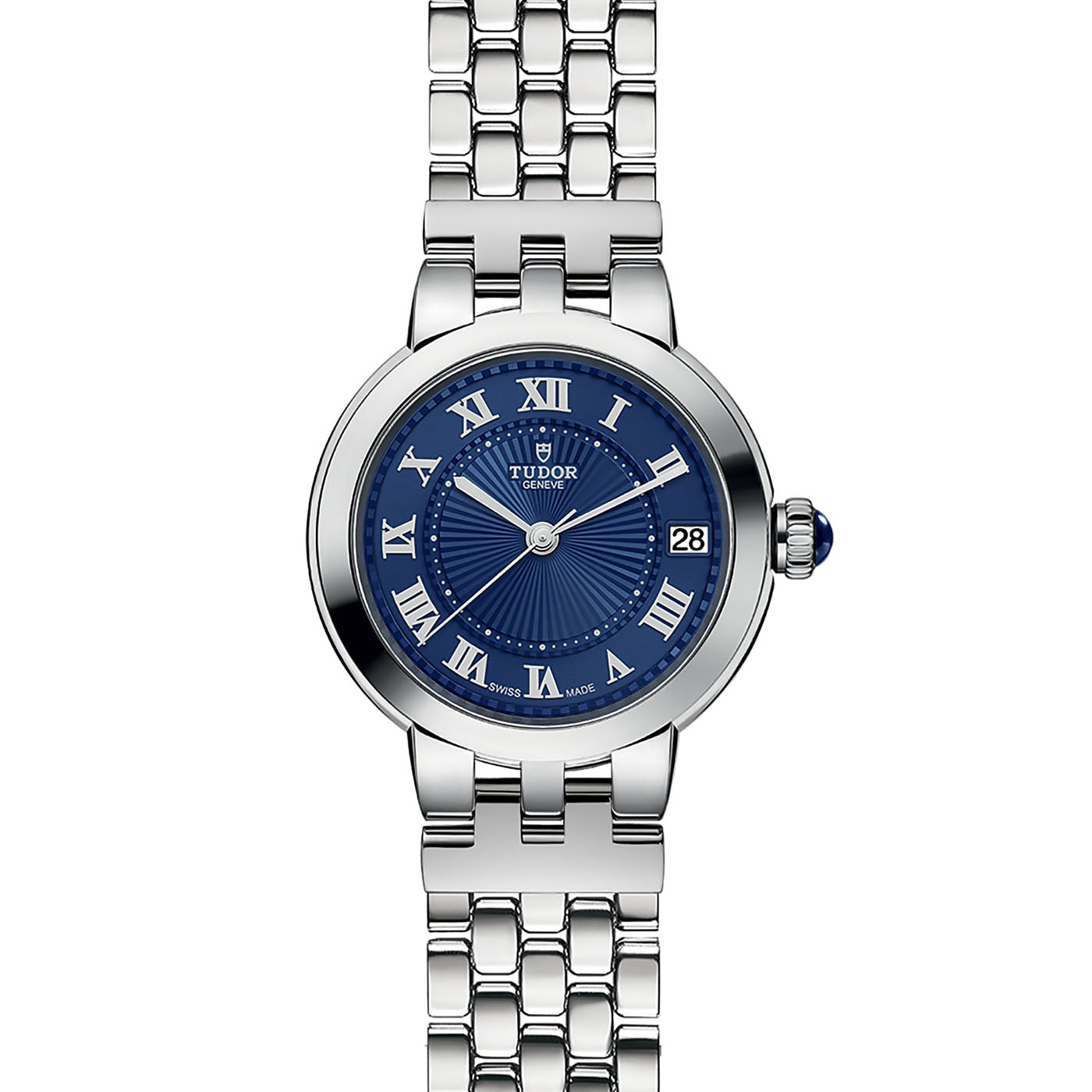 The TUDOR Clair de Rose silver wristwatch features a striking blue round face with blue lacquered Roman numerals. It includes a date display at the 3 o'clock position and is elegantly paired with a chain-link bracelet. The TUDOR brand logo and name are prominently displayed on the sophisticated watch face.