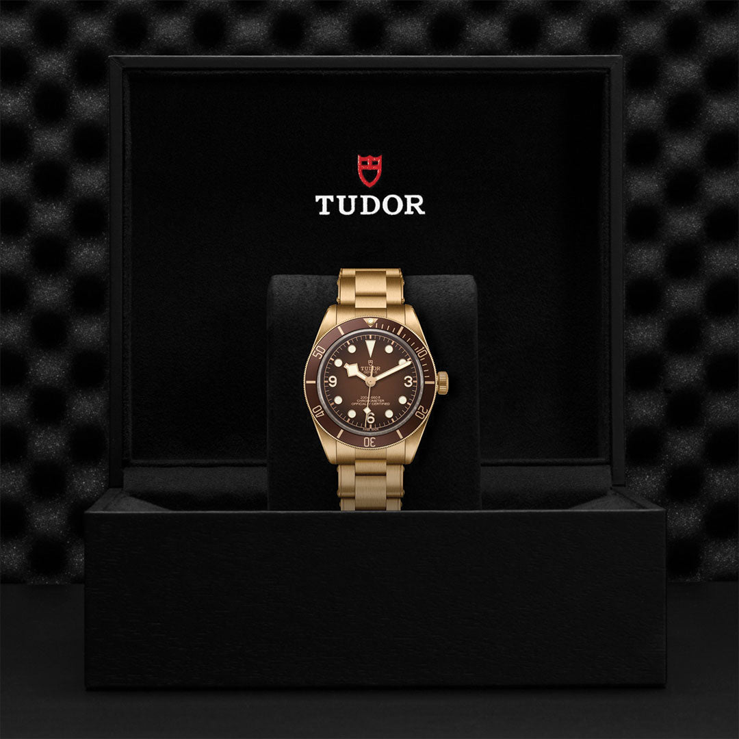 A TUDOR Black Bay 58 Bronze wristwatch with a brown dial is showcased in an open black box bearing the TUDOR logo and red shield, highlighting the brand’s distinctive Black Bay 58 Bronze collection.