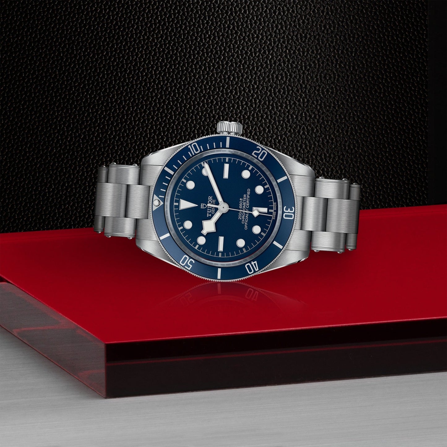 The TUDOR Black Bay 58, a sleek stainless steel dive watch featuring a blue dial and bezel, white hour markers, and silver hands, is displayed on a red and black surface.