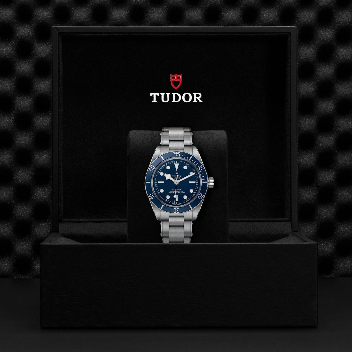 A silver TUDOR Black Bay 58 dive watch featuring a striking blue face is beautifully presented in an open black box, with the Tudor logo prominently displayed on the inside lid. This exceptional model stands out against the dark textured background.