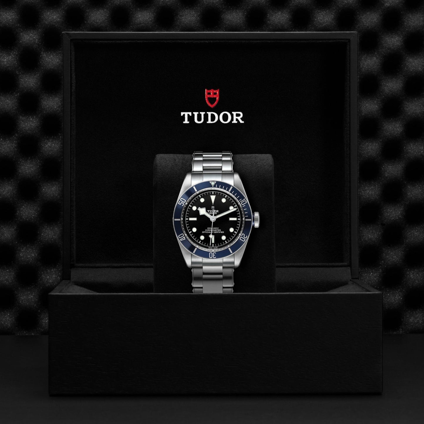 The TUDOR Black Bay, a notable classic among diving watches, showcases a black dial and silver bracelet. It comes elegantly presented in an open black box featuring the TUDOR logo and red crown emblem. This timepiece is distinguished by its vibrant blue bezel, complemented by luminous hands and markers.